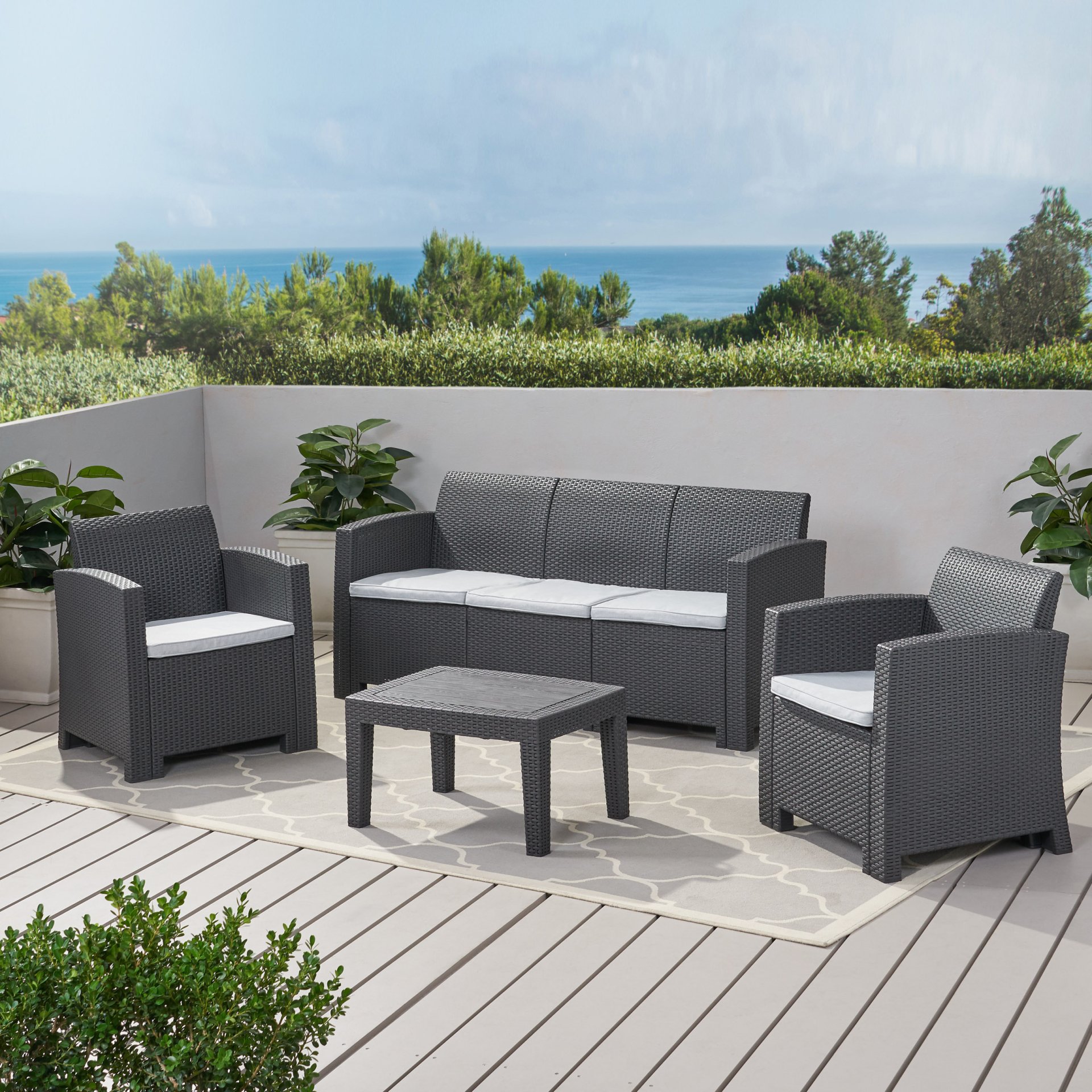 Velvora - Outdoor Wicker Set With 3 Seater Sofa, 2 Club Chairs, Coffee Table And Cushions - Brown - Image 9