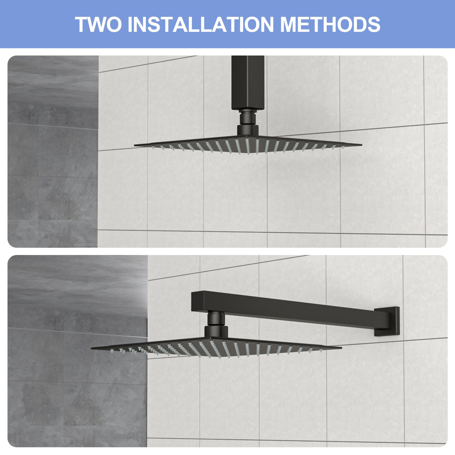 8" Square Rain Shower Head, Ceiling / Wall Mount Stainless Steel Bath Fixture - Matte Black - Image 6