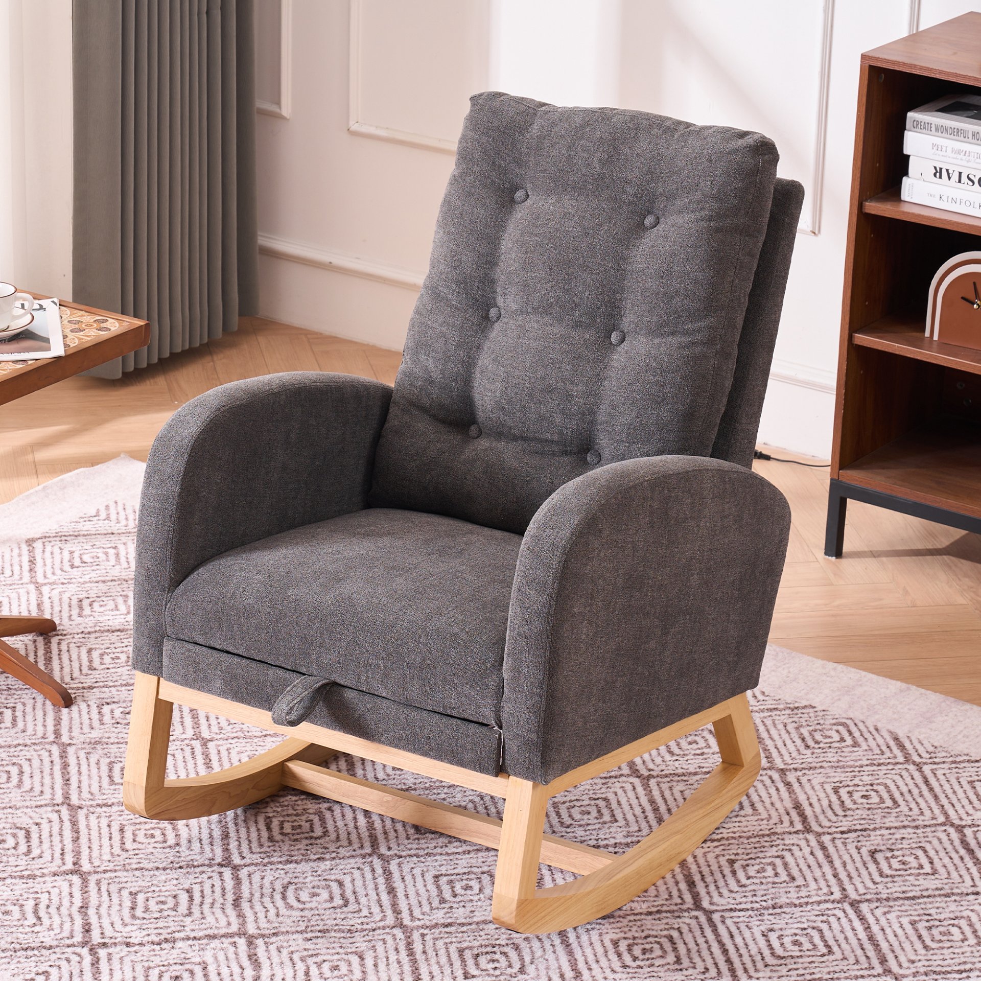 Accent Rocking Chair With Footrest High Back Rubber Wood Rocking Legs Bedroom Living Space - Gray - Image 13