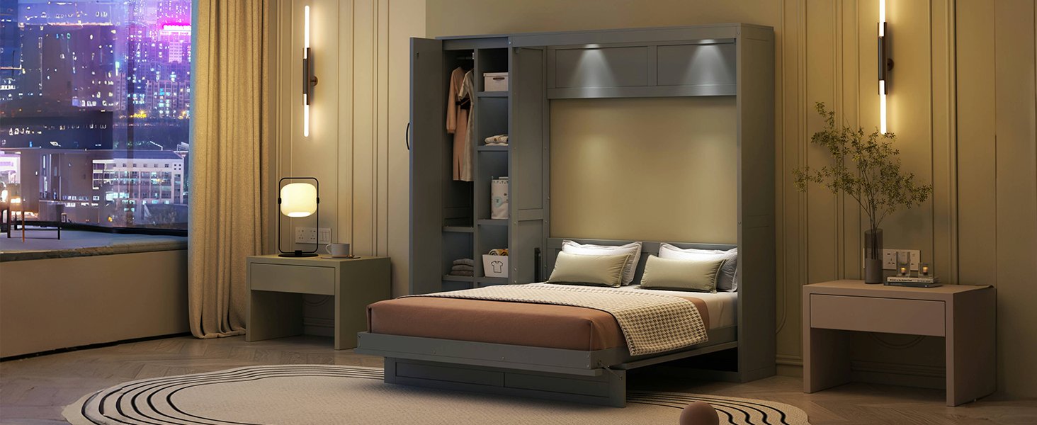Full Size Murphy Wall Bed With Shelves, Wardrobe And LED Lights - Gray - Image 27