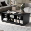 Modern Rectangle Coffee Table With 4 Drawers And 2 Display Shelves, Tempered Glass For Living Room - Black - Image 4
