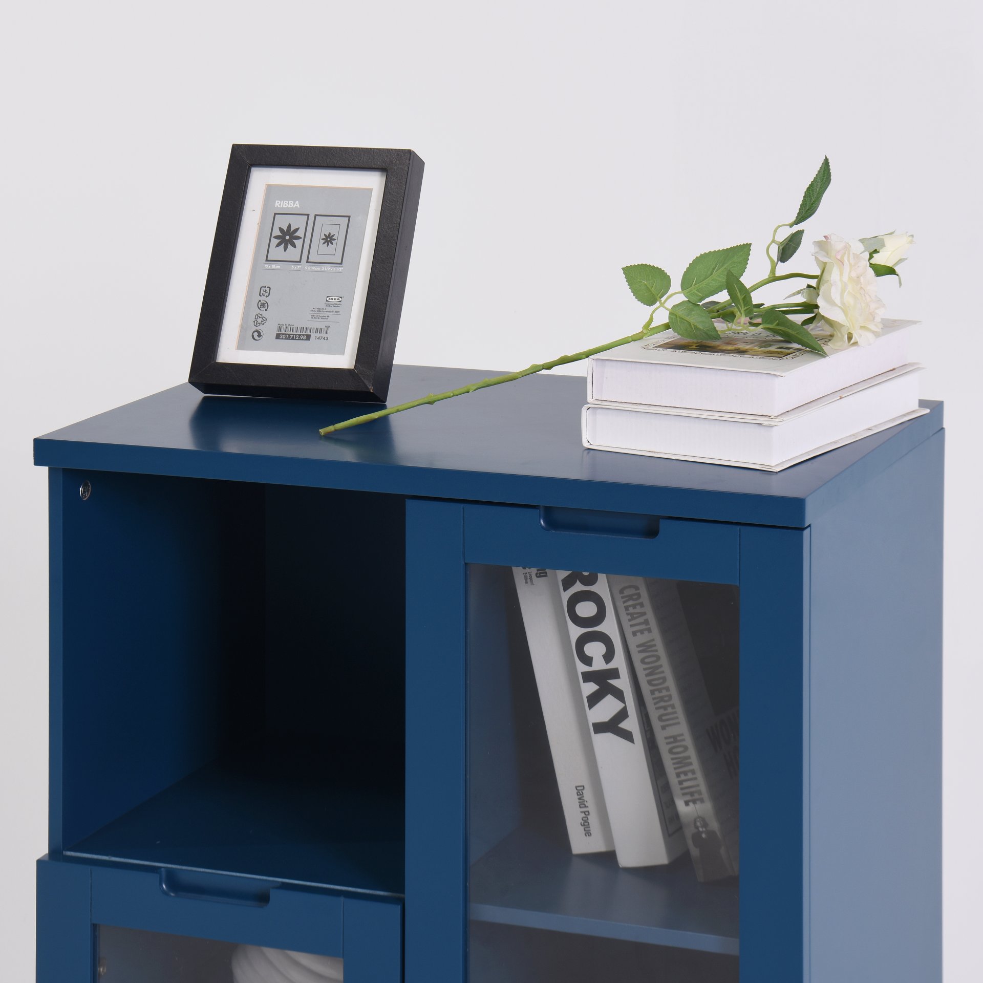 Painted Cabinet With Glass Doors, Drawer, And Open Storage Space For Bedroom And Living Room - Navy Blue - Image 17