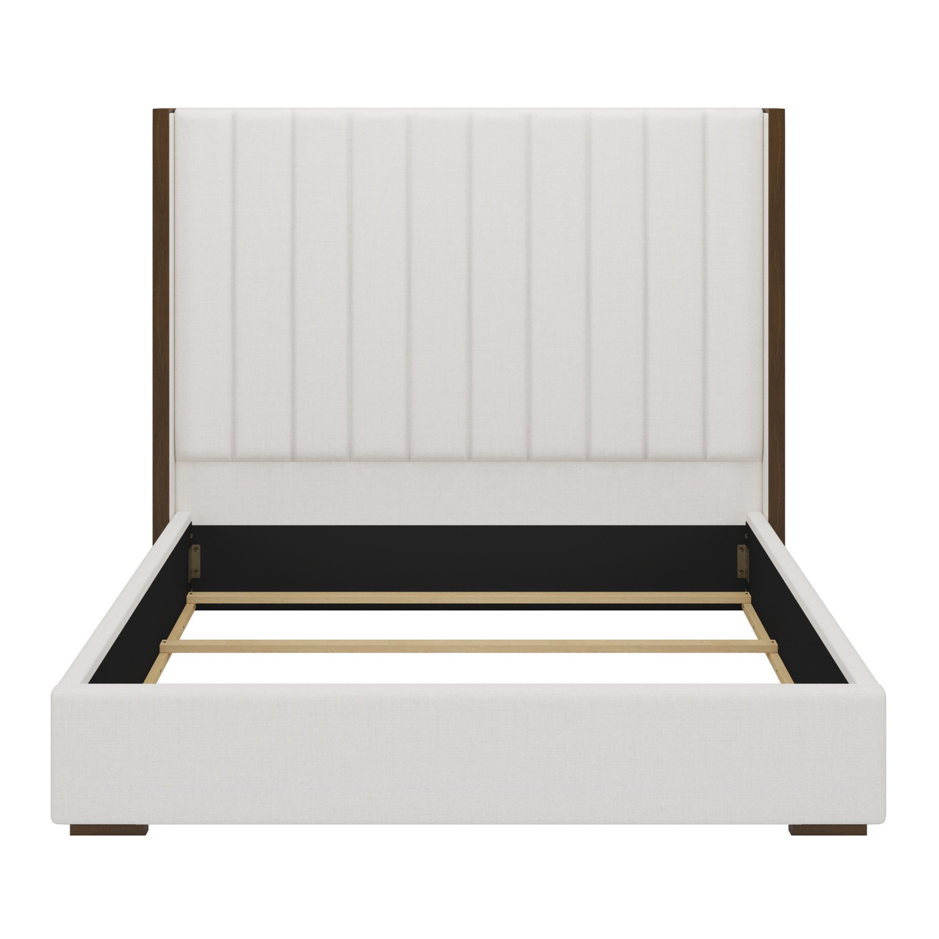 Tall Headboard Upholstered King Size Bed With Vertical Striped And Wingback Design, Box Spring Needed, Linen - Beige - Image 6
