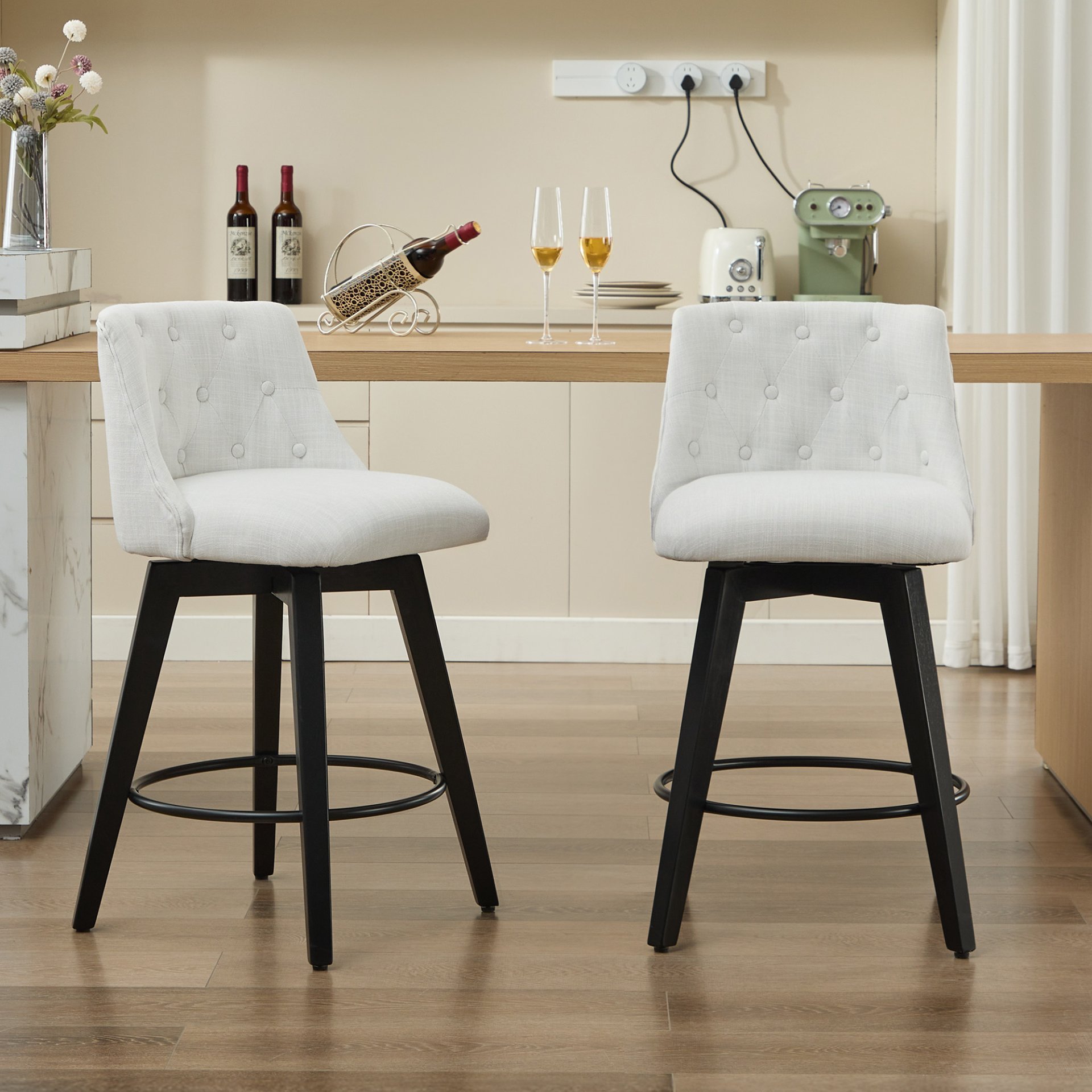 Swivel Bar Stools (Set of 2) Modern Counter Height Stools With Linen Upholstery & Button Tufted Back For Kitchen Island, Breakfast Bar Or Home Pub - White - Image 8