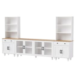 Farmhouse TV Stand With Solid Wood Gourd Shaped Legs For TVs Up To 70", Entertainment Center With Bookshelves & Tempered Glass Doors, Media Console With Adjustable Shelves, Living Room - White / Natural