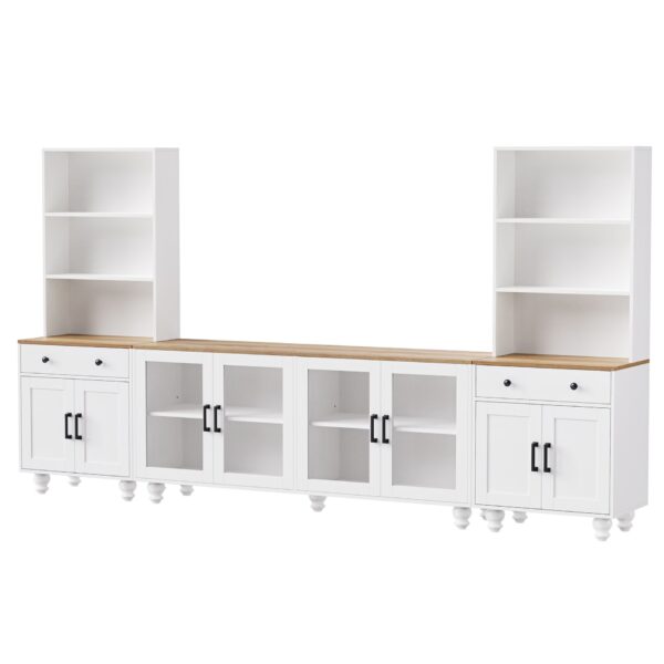 Farmhouse TV Stand With Solid Wood Gourd Shaped Legs For TVs Up To 70", Entertainment Center With Bookshelves & Tempered Glass Doors, Media Console With Adjustable Shelves, Living Room - White / Natural