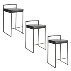 Fuji - Contemporary Stackable Counter Stool (Set of 3) - Black - Faux Leather