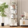 5 Tier Rotating Bookshelf With Wheels And Drawer, 360° Spinning Design, Space Saving Storage, For Home And Office - White - Image 4
