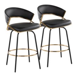Jie - Fixed Height Contemporary Counter Stool With Swivel With Round Footrest (Set of 2) - Gold / Black / Gold
