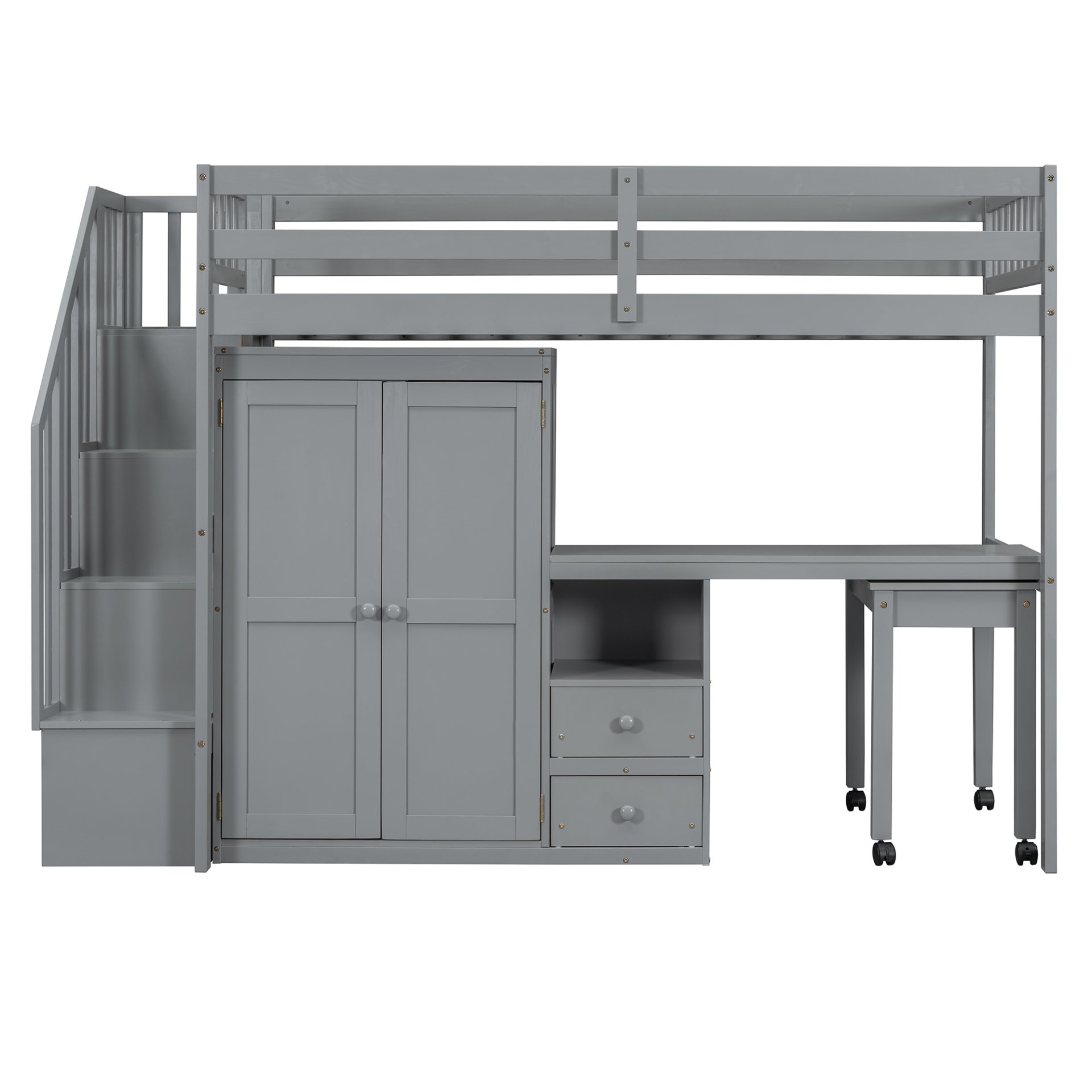 Twin Size Loft Bed With Stairs, Bookshelf, Drawers, Desk & Wardrobe, Space Saving Multifunctional Furniture - Gray - Image 18