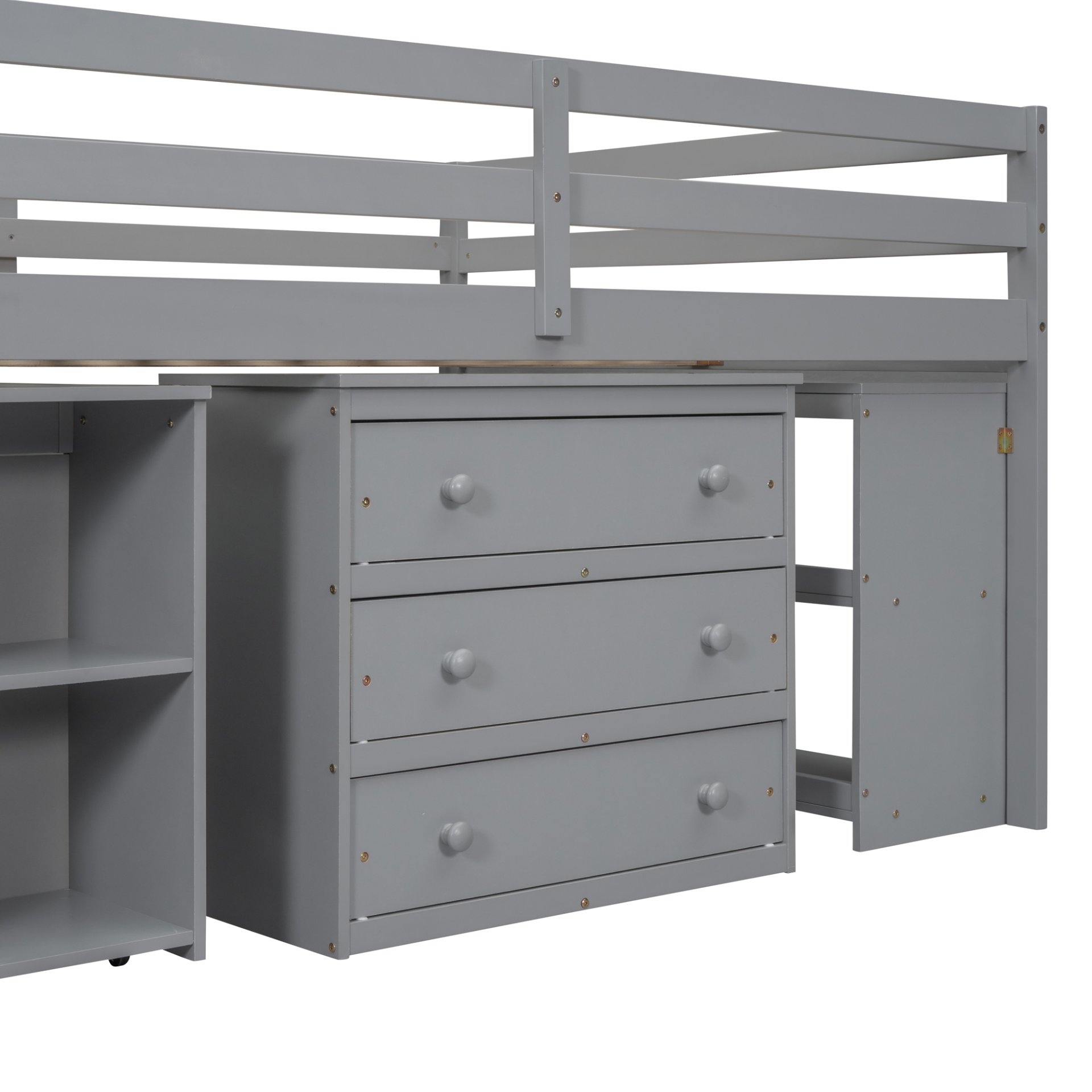 Full Size Loft Bed With Retractable Writing Desk And 3 Drawers With Storage Stairs And Shelves - Gray - Image 9