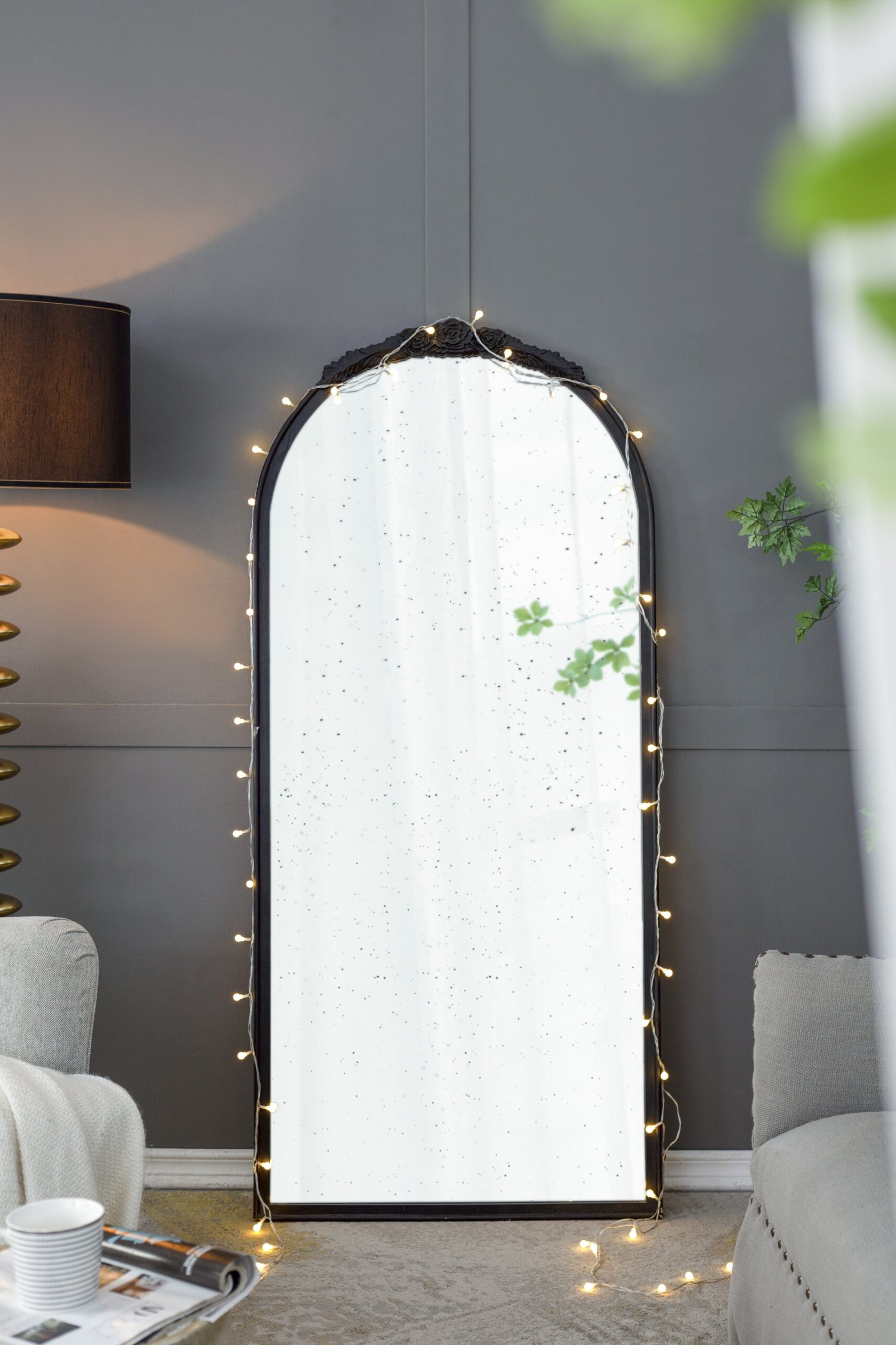Hand Carved Rose Antique Mirror Frame, Large Arch Mirror Wall Decor For Living Room, Bathroom, Entryway - Black - Image 15