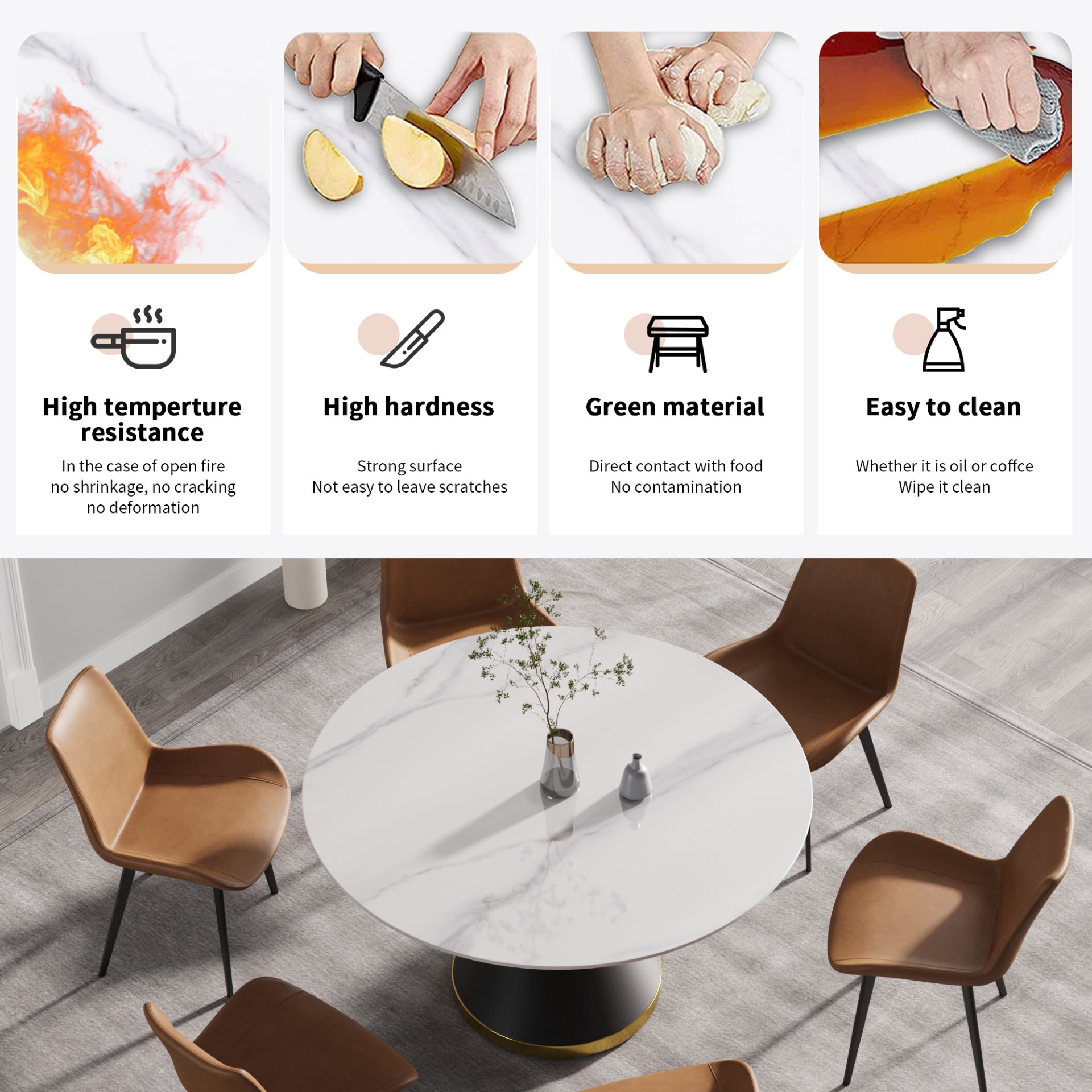 53.15" Modern Artificial Stone Round Carbon Steel Base Dining Table, Can Accommodate 6 People -White / Black - Image 7