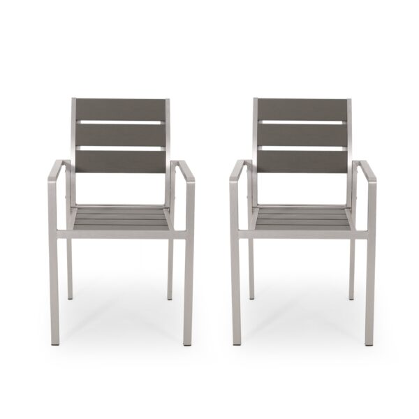 Dreamlan - Outdoor Aluminum Dining Chair With Faux Wood Seat (Set of 2) - Gray / Silver
