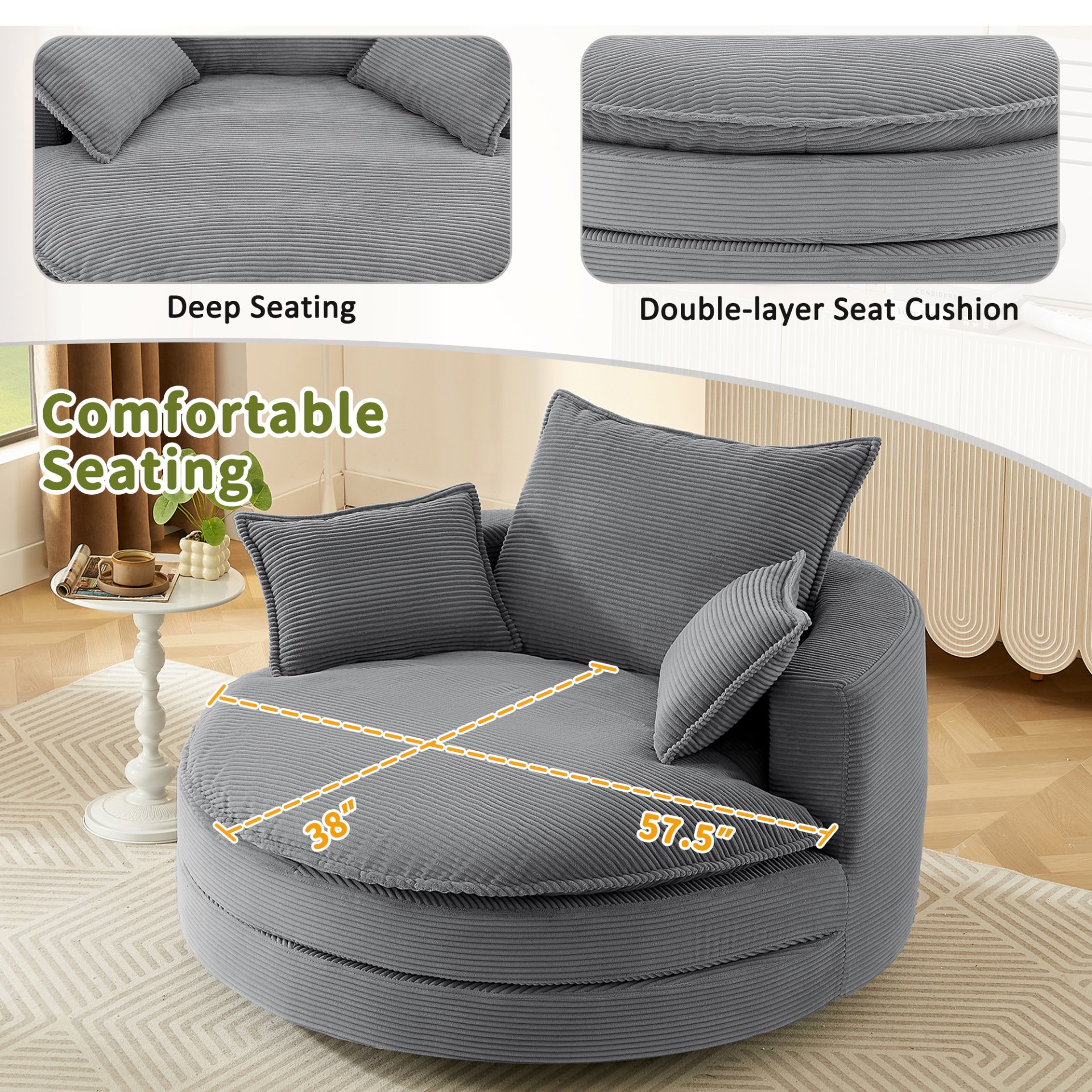 360° Swivel Sofa Chair Accent Barrel Chair With Dual Layer Cushion And 3 Removable Pillows, Corduroy - Gray - Image 6