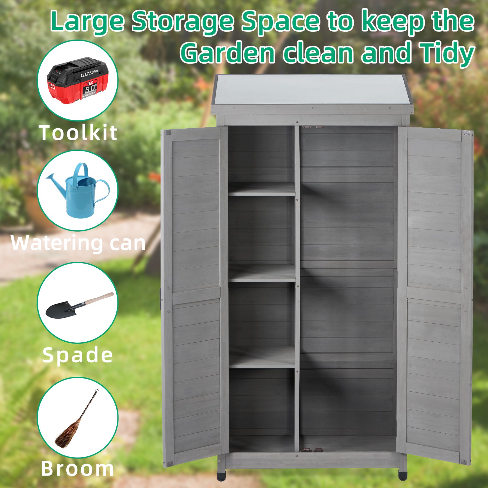 Wood Outdoor Storage Cabinet With Metal Top Garden Shed For Yard And Patio - Gray - Image 6