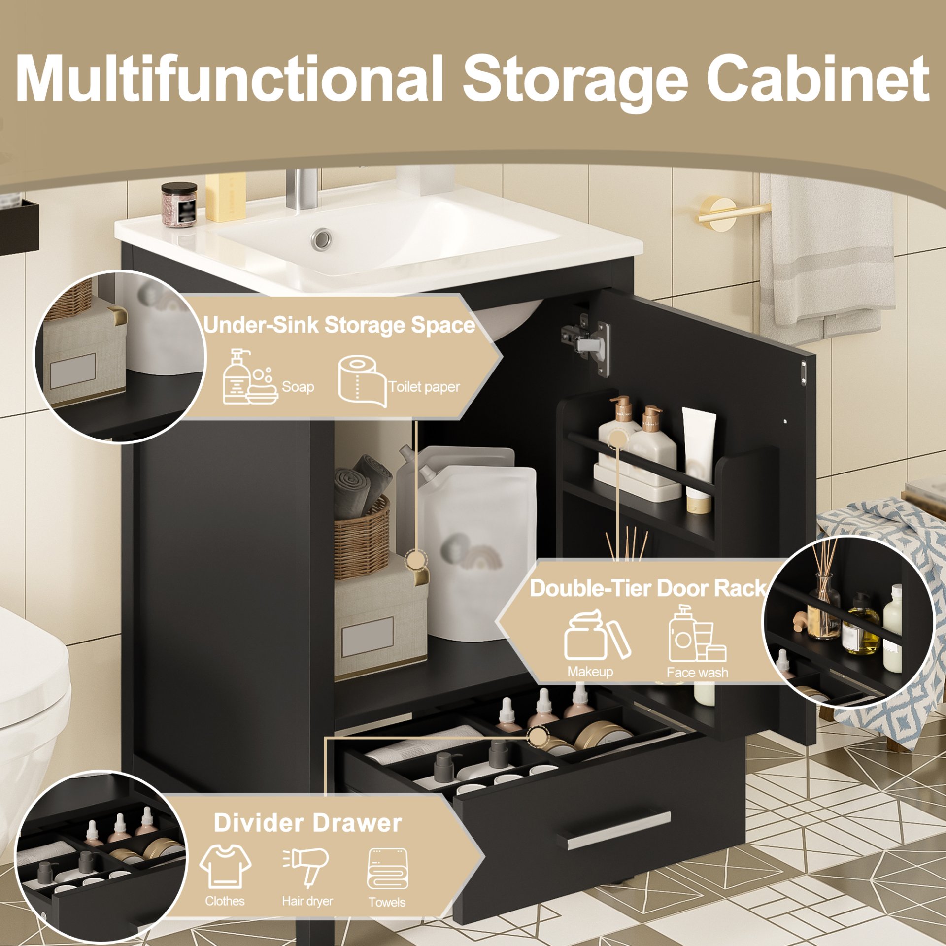 20" Bathroom Vanity With Sink, Soft Close Drawers, Door Organizer, Divider Drawer, Adjustable Foot Pads - Black - Image 7