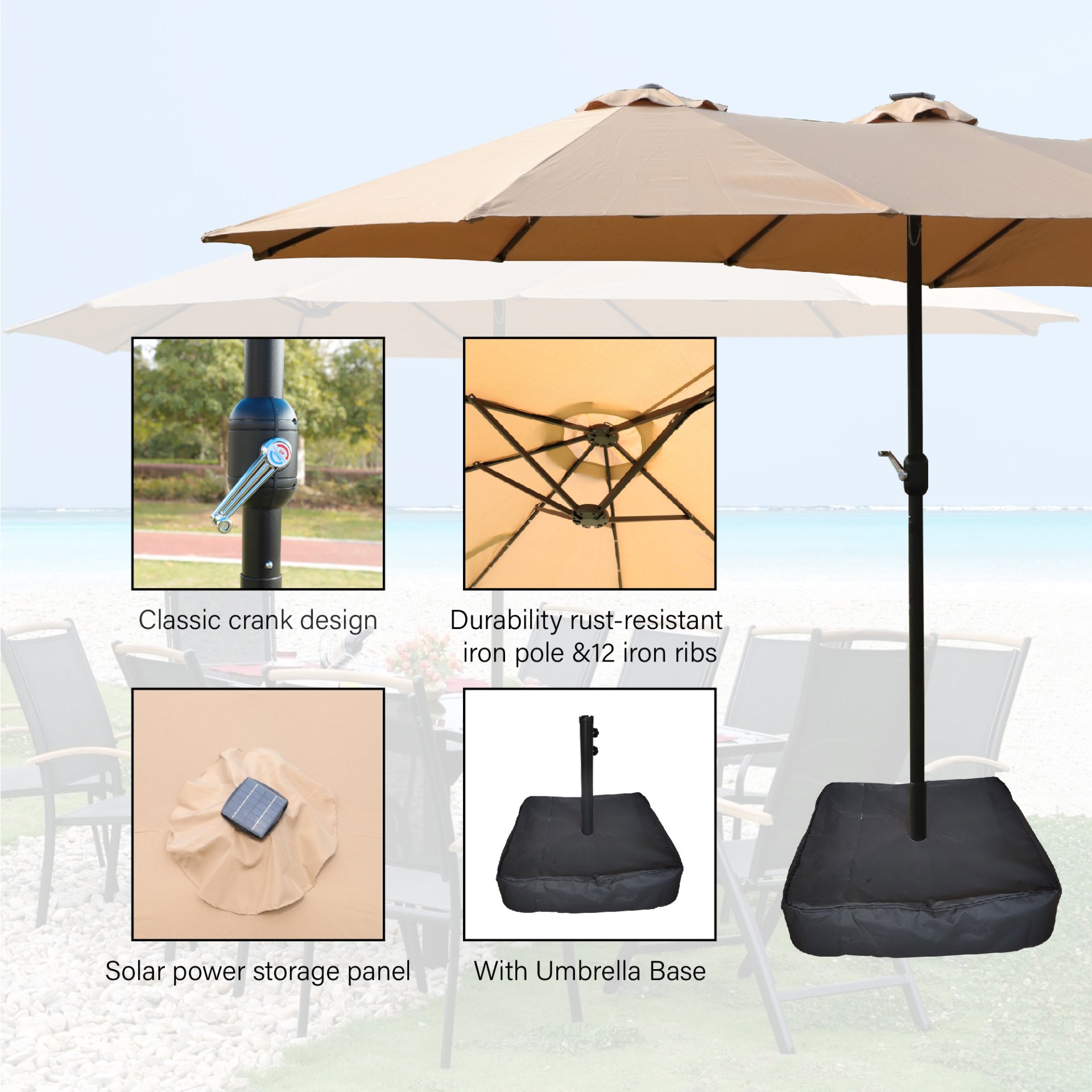 15 X 9 Ft Large Double Sided Rectangular Outdoor Twin Patio Market Umbrella With Light And Base - Taupe - Image 18