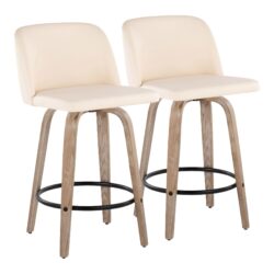 Toriano - Mid-Century Modern Fixed Height Counter Stool With Swivel With Round Footrest (Set of 2) - Whitewashed / Cream