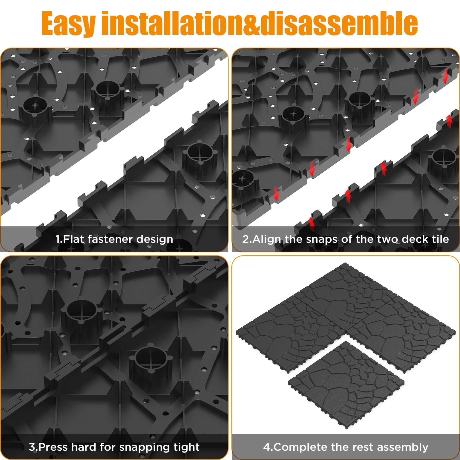Stone Texture 12" Patio Deck Tiles, Diy - Module Interlocking Decking Floor Tiles, Polypropylene, 12" - Dark Gray - Image 6