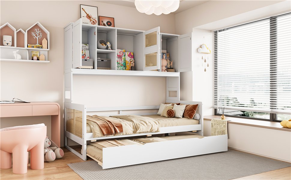 Twin Size Wooden Daybed & Twin Size Trundle, And All In One Cabinet And Shelf - White - Image 4