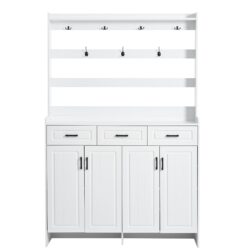 Minimalist 4 Door Shoe Cabinet With Coat Rack, Spacious Top, 3 Drawers, 8 Shelves, Metal Hooks And Handles For Hallway - White