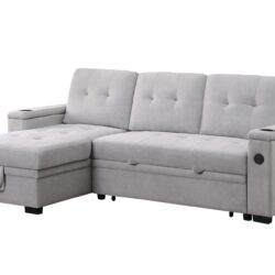 Ashlyn II - Woven Fabric Reversible Sleeper Sectional Sofa With Storage Chaise, Storage Arm, Cup Holder, Charging Ports, Side Pockets, and Pocket Coil Seating - Gray