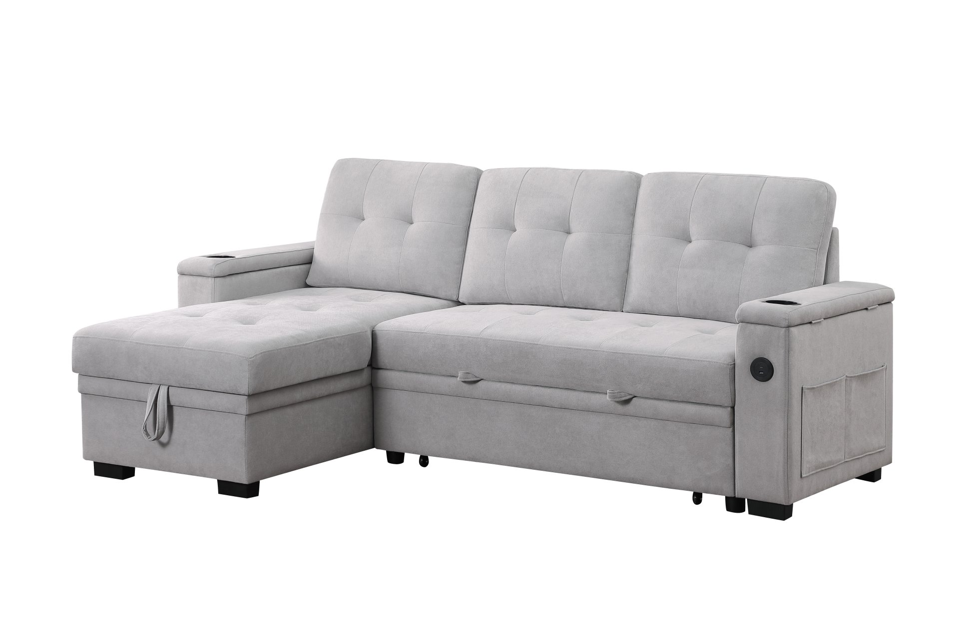 Ashlyn II - Woven Fabric Reversible Sleeper Sectional Sofa With Storage Chaise, Storage Arm, Cup Holder, Charging Ports, Side Pockets, and Pocket Coil Seating - Gray - Image 2