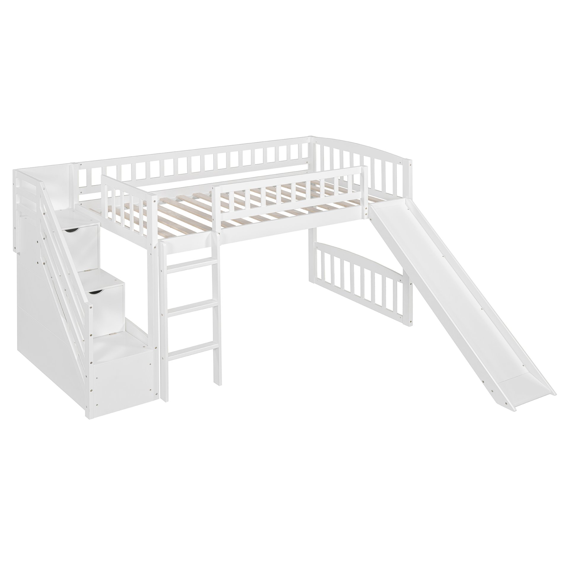 Twin Size Loft Stairway Bed With 2 Drawers And Slide - White - Image 4