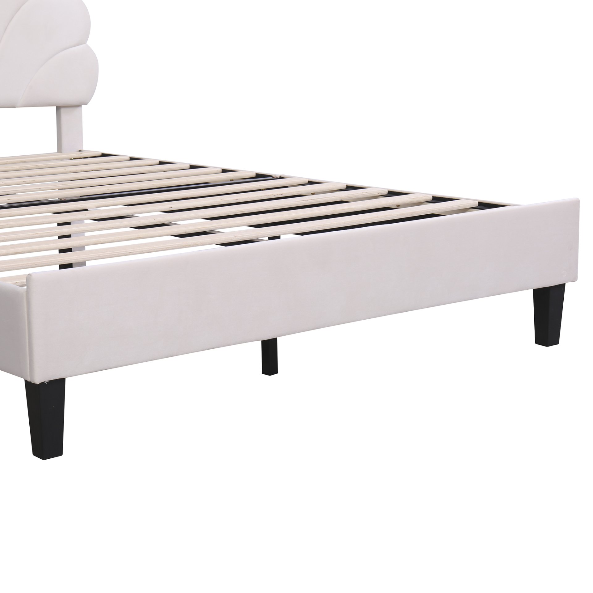 Queen Size Upholstered Platform Bed With Flower Pattern Headboard - Beige - Image 6