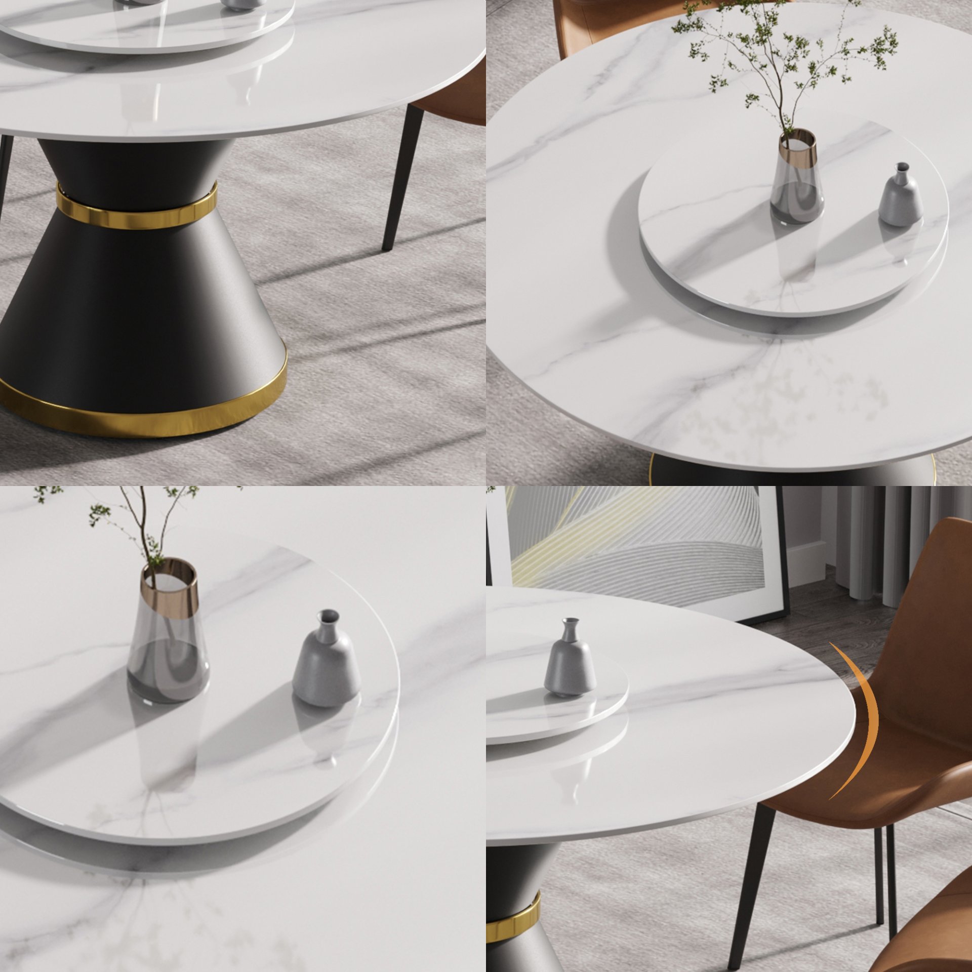 53" Modern Artificial Stone Round Carbon Steel Base Dining Table, Can Accommodate 6 People, Artificial Stone Turntable - White / Black - Image 7