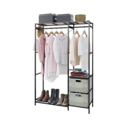 Acacia Wood Garment Rack With Shelves, 2 Wicker Drawers, 4 Hooks, Heavy Duty Closet Organizer - Light Gray