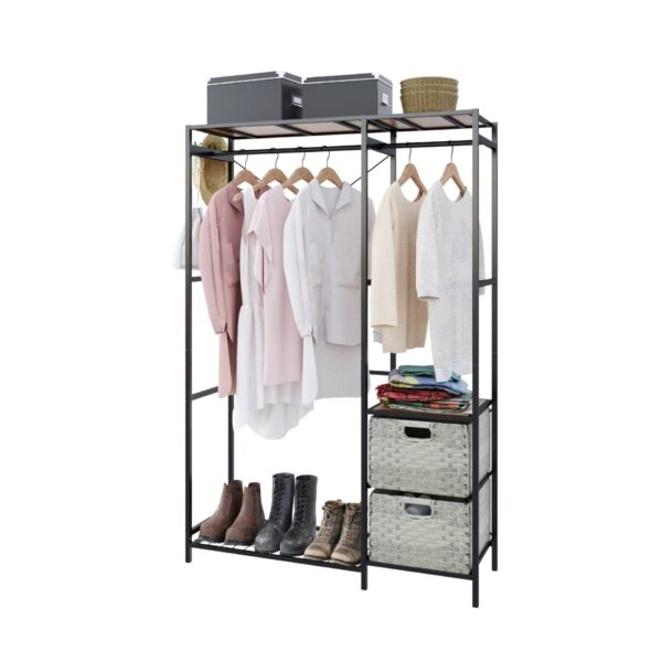 Acacia Wood Garment Rack With Shelves, 2 Wicker Drawers, 4 Hooks, Heavy Duty Closet Organizer - Light Gray