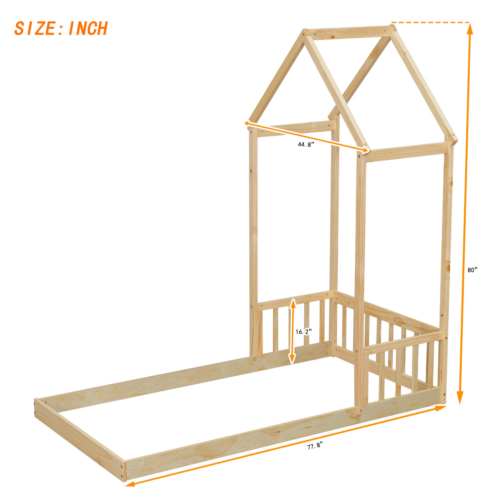 Twin House-Shaped Roof Headboard Floor Bed, (Without Slats) - Natural - Image 13