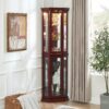 Corner Curio Cabinet With Lights, Adjustable Tempered Glass Shelves, Mirrored Back, Display Cabinet (E26 Light Bulb Not Included) - Cherry - Image 18