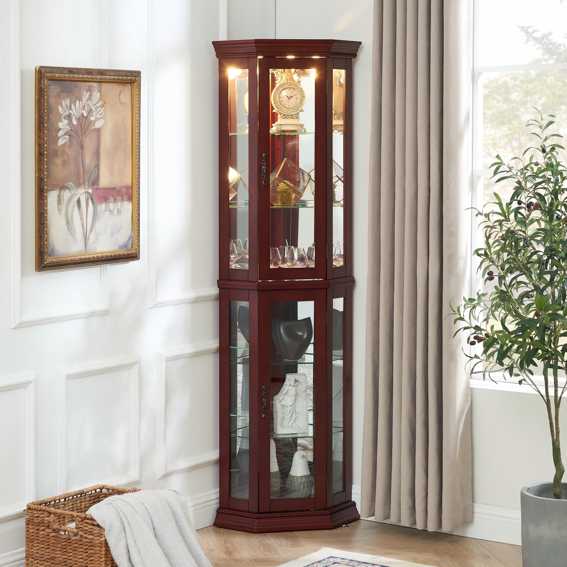 Corner Curio Cabinet With Lights, Adjustable Tempered Glass Shelves, Mirrored Back, Display Cabinet (E26 Light Bulb Not Included) - Cherry - Image 18