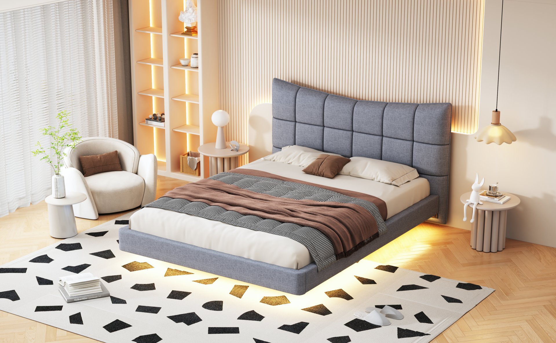 Full Size Upholstered Platform Bed With LED Lights, USB Ports And Outlets - Gray - Image 20