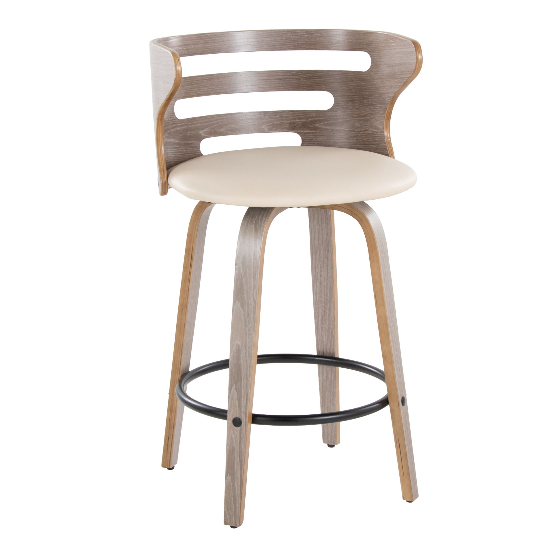 Cosini - Mid-Century Modern Fixed Height Barstool With Swivel And Round Footrest (Set of 2) - Light Gray / Cream - Image 2