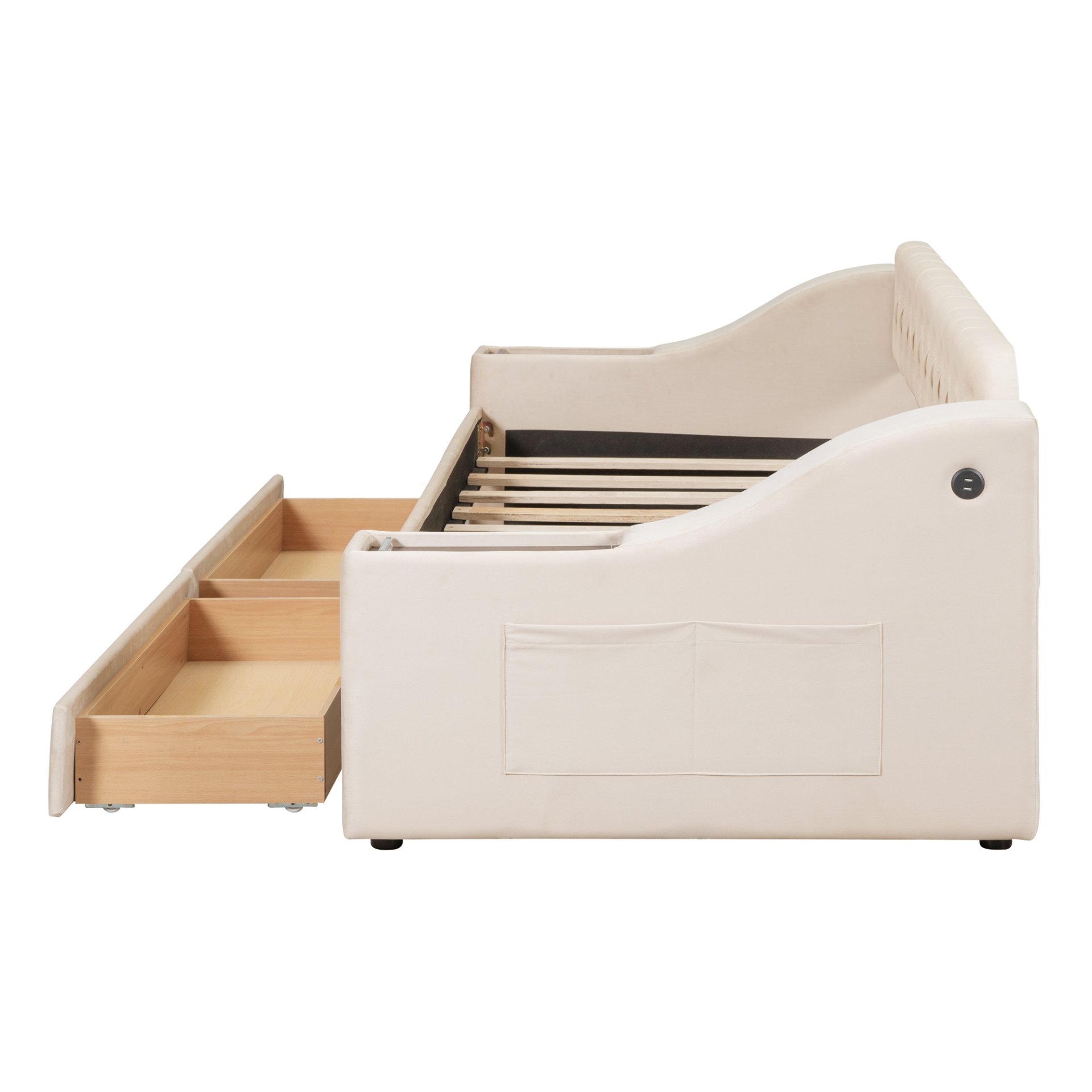 Twin Size Upholstered Daybed With Storage Armrests And USB Port - Beige - Image 7
