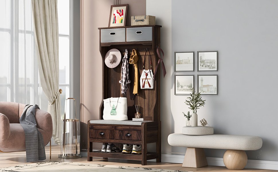 Hall Tree With 6 Hooks And Hinged Lid, Coat Hanger, Entryway Bench, Storage Bench, 3 In 1 Design, For Entrance, Hallway - Brown - Image 4