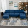 Elegant Convertible L - Shape Sectional Sofa Couch With Movable Ottoman, Velvet Upholstery - Blue - Image 5