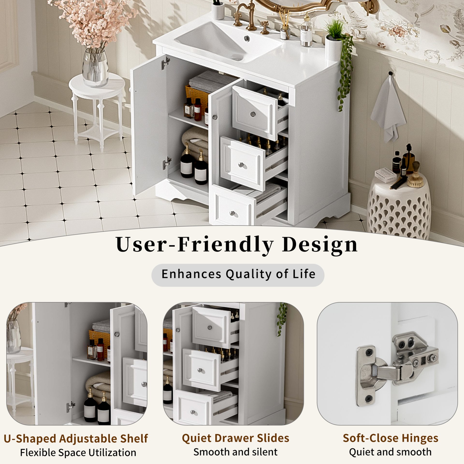 36" Transitional Bathroom Vanity With Sink, Soft Close Doors, Adjustable U Shelf, 3 Drawers - White - Image 9