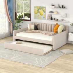 Full Size Upholstered Daybed With Trundle And Slat Support - Beige