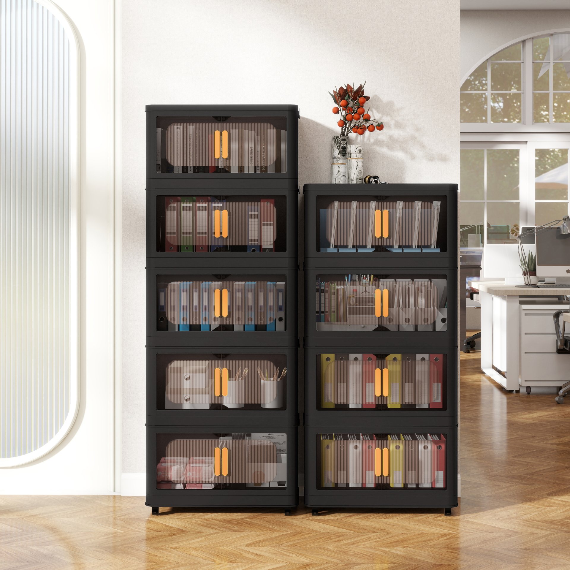 Folding Storage Cabinet 5 Tier Wide Plastic With Magnetic Doors And Wheels - Black - Image 5
