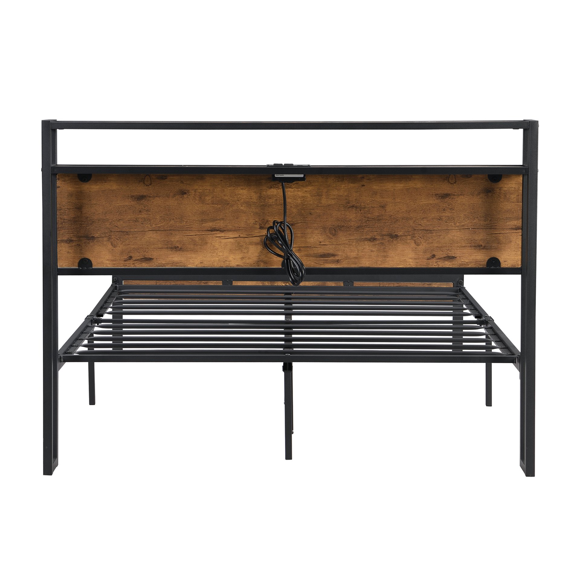 Full Size Metal Platform Bed Frame With Wooden Headboard And Footboard With USB Liner, No Box Spring Needed, Large Under Bed Storage - Brown - Image 7