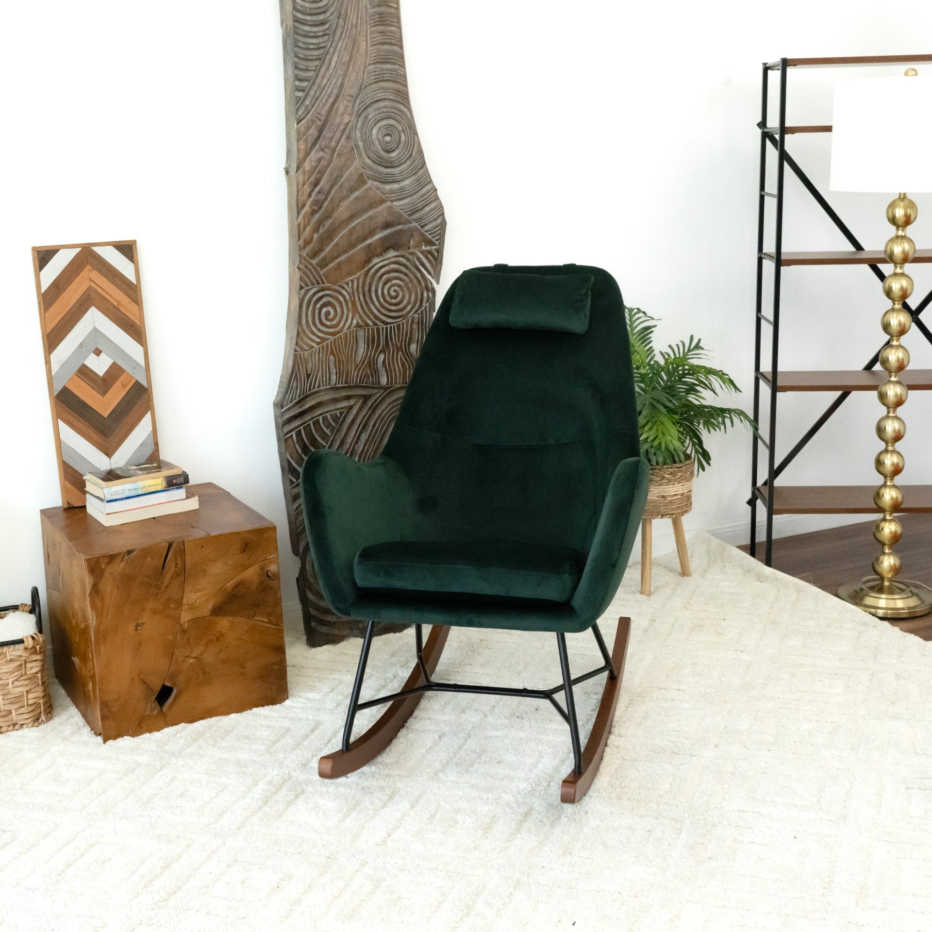 Chel - Mid-Century Modern Velvet Rocking Chair - Green - Image 4