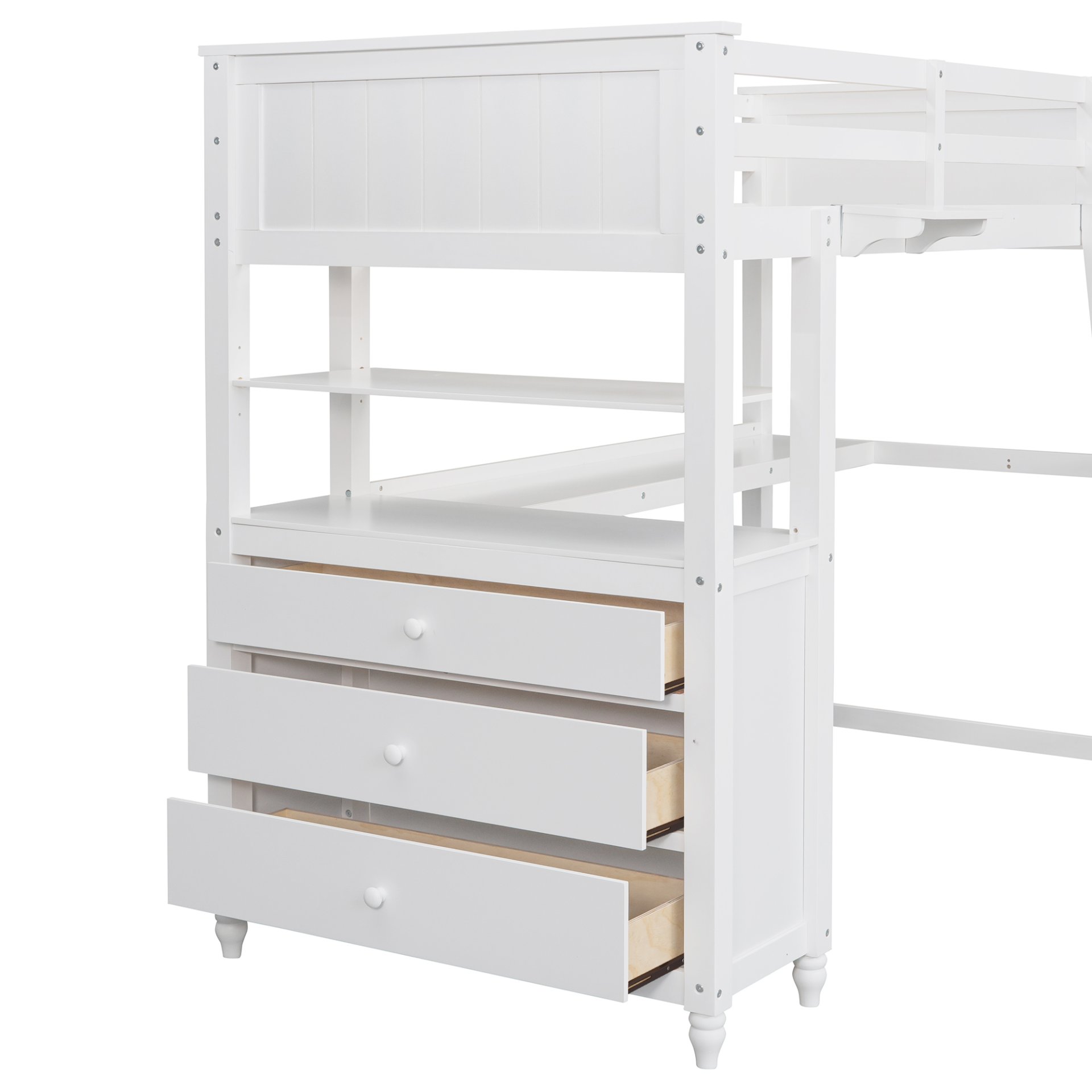 Twin Size Loft Bed With Drawers And Desk, With Shelves - White - Image 11