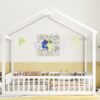 Double Twin House-Style Floor Bed With Fence, Guardrails, Without Door - White - Image 10