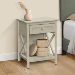 Accent End Table, 2 Tier, Storage Drawer, Transitional - White