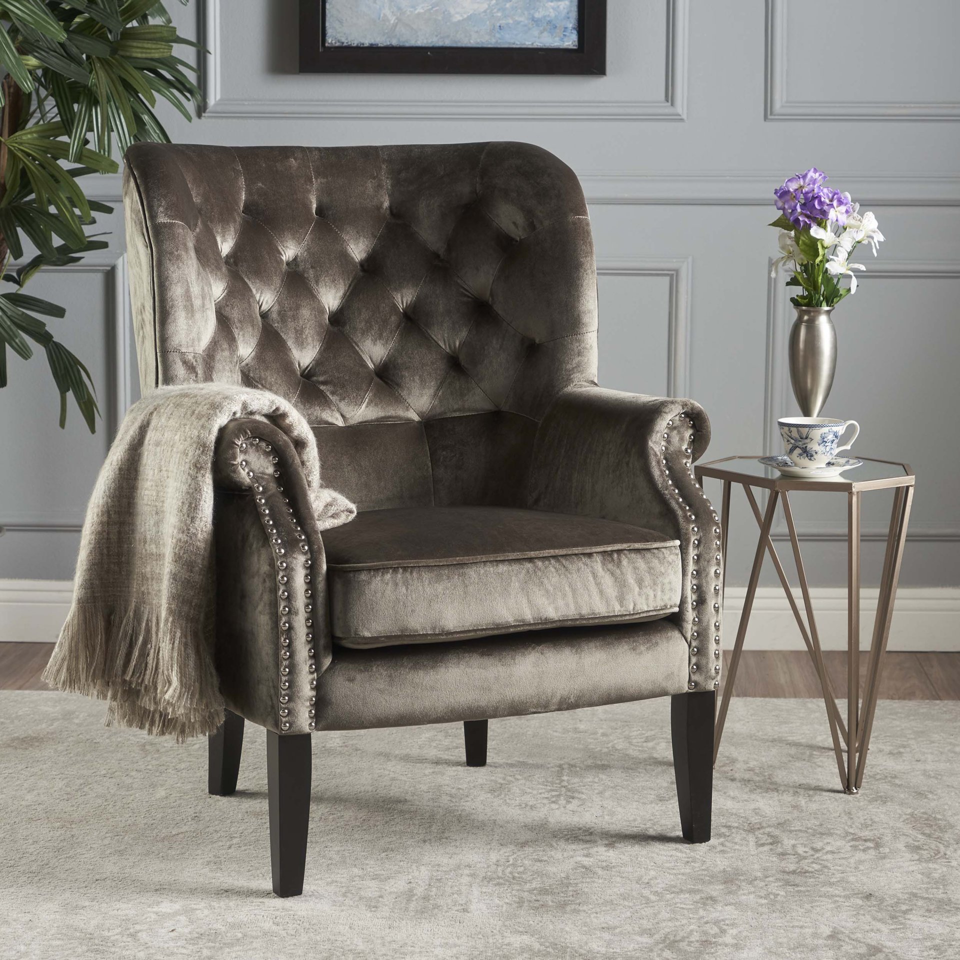 Elegant Velvet Club Chair With Handcrafted Details - Gray - Image 2